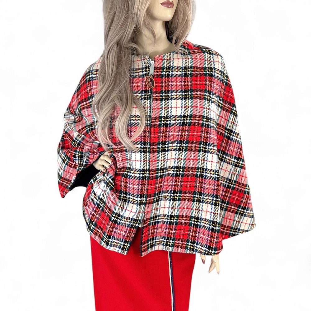 Vintage 1960s Reversible Tartan Plaid Cape Gray Wool Mod Outerwear